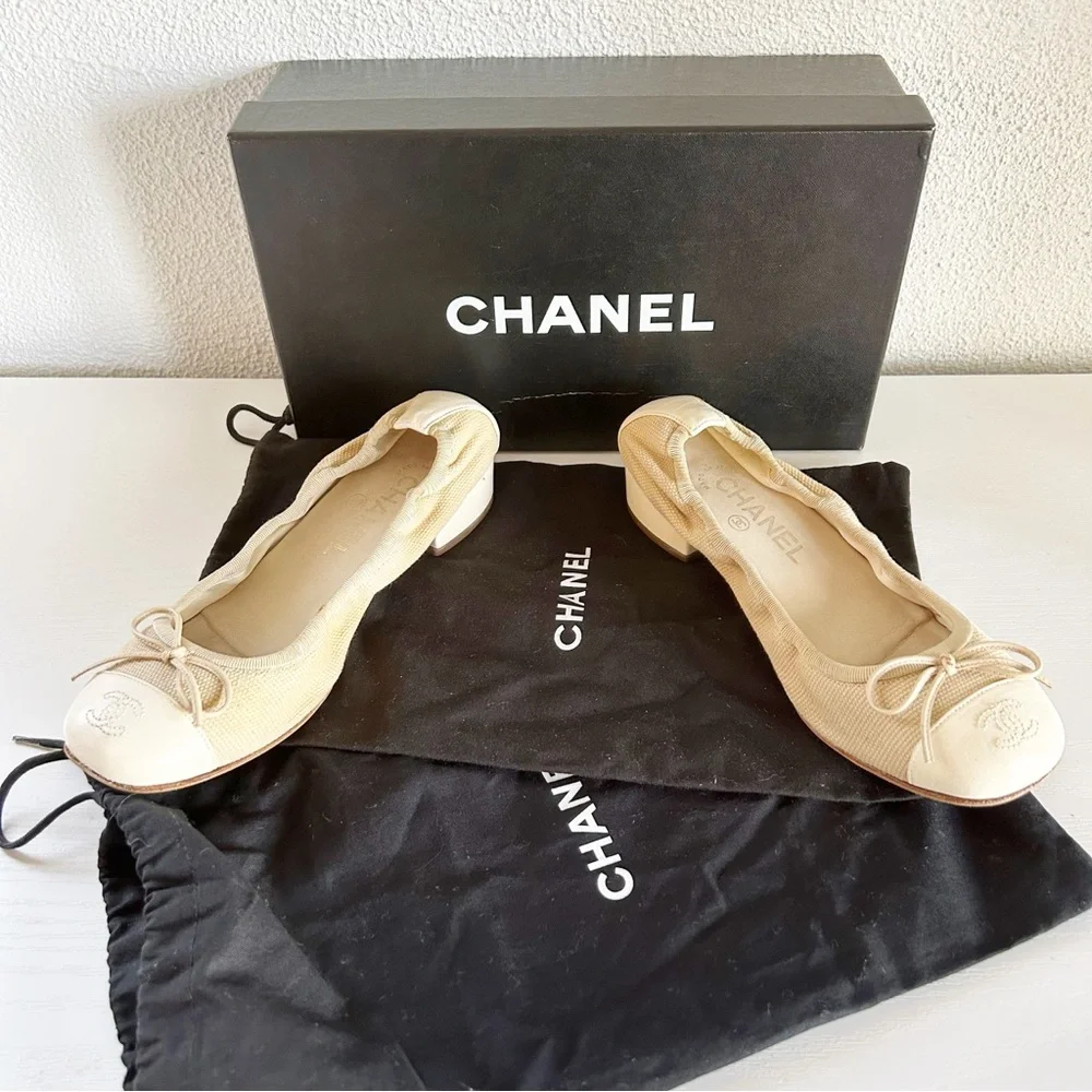 Chanel Low Block Heel Pumps Beige Fabric CC Cap Toe Bow EU 36.5C US 6.5
